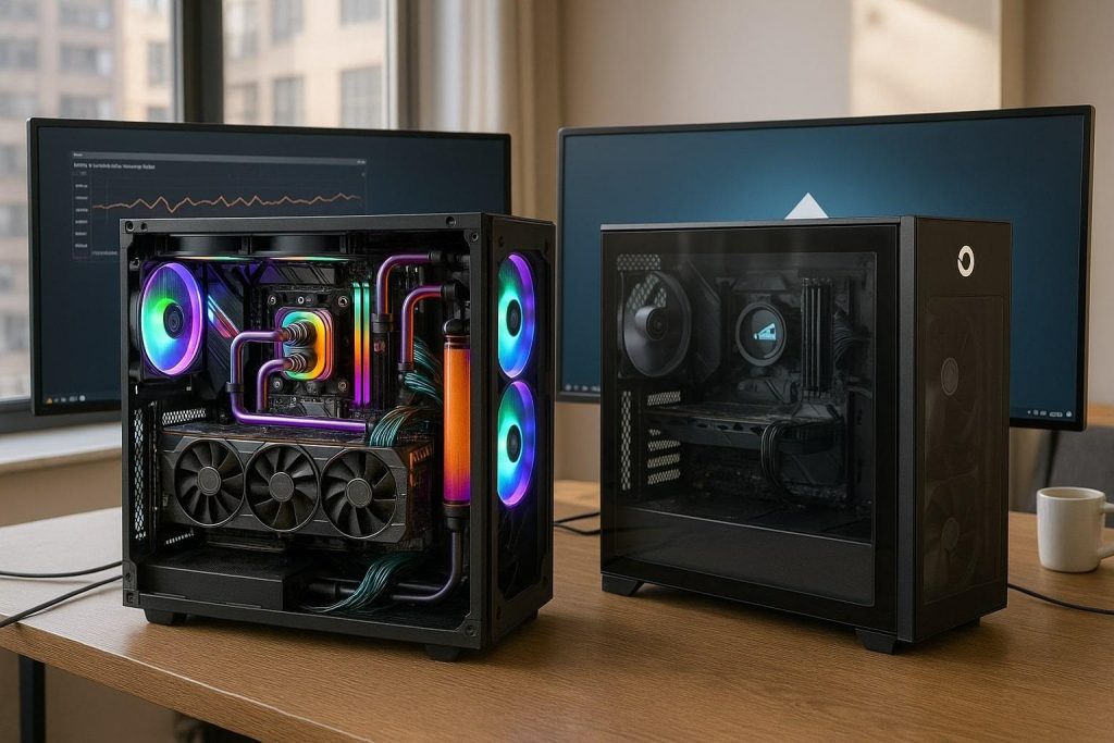 Custom gaming PC displayed next to a prebuilt gaming rig with RGB lighting and tempered glass panels.