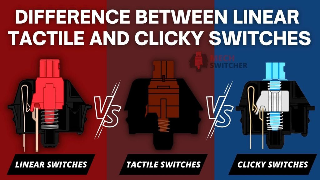 Mechanical keyboard switch comparison showing linear, tactile, and clicky switches with different internal mechanisms and gaming performance characteristics