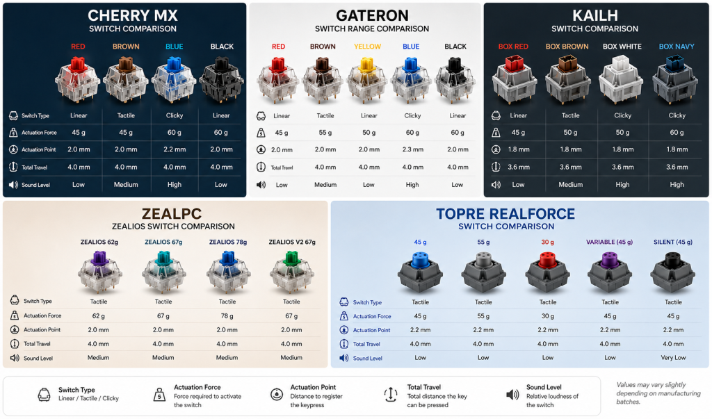 Comprehensive mechanical keyboard switch comparison chart featuring Cherry MX, Gateron, Kailh, ZealPC Zealios, and Topre Realforce switches with specifications including switch type, actuation force, travel distance, and noise level