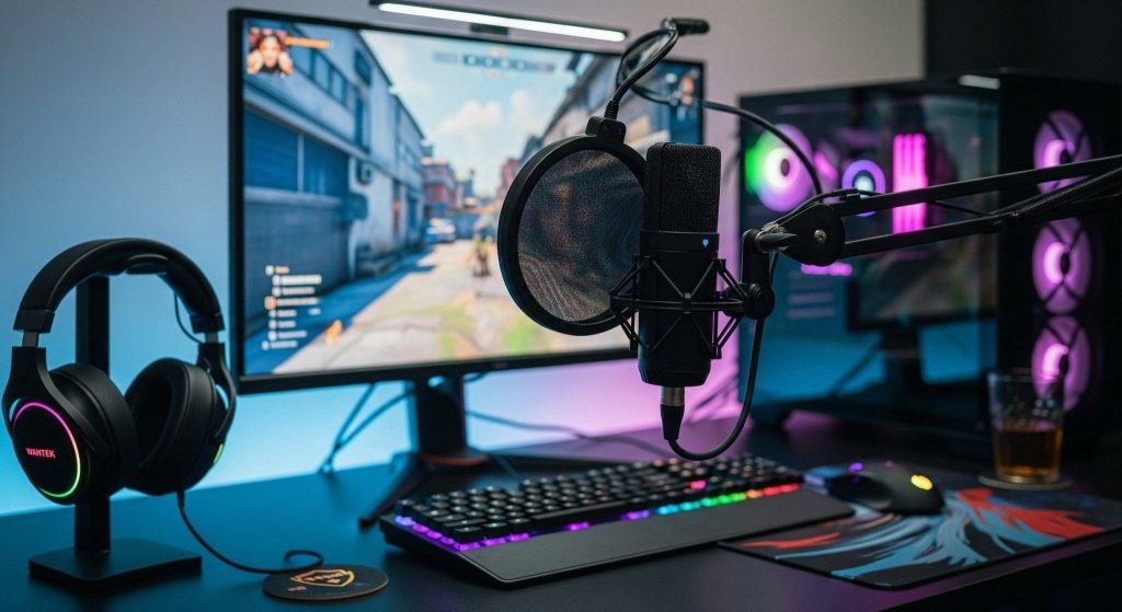 Gaming and streaming desk setup with RGB mic, headset, keyboard, and PC tower.
