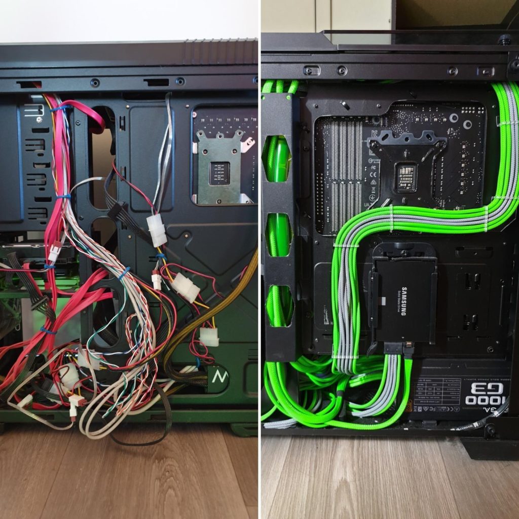 Before and after PC cable management comparison inside a gaming computer case with messy and organized cables.