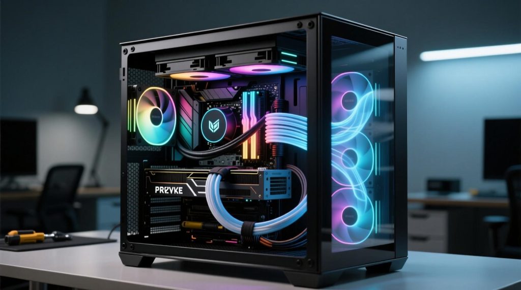 Professional gaming PC with clean cable management, organized wiring, and optimized airflow inside the computer case.