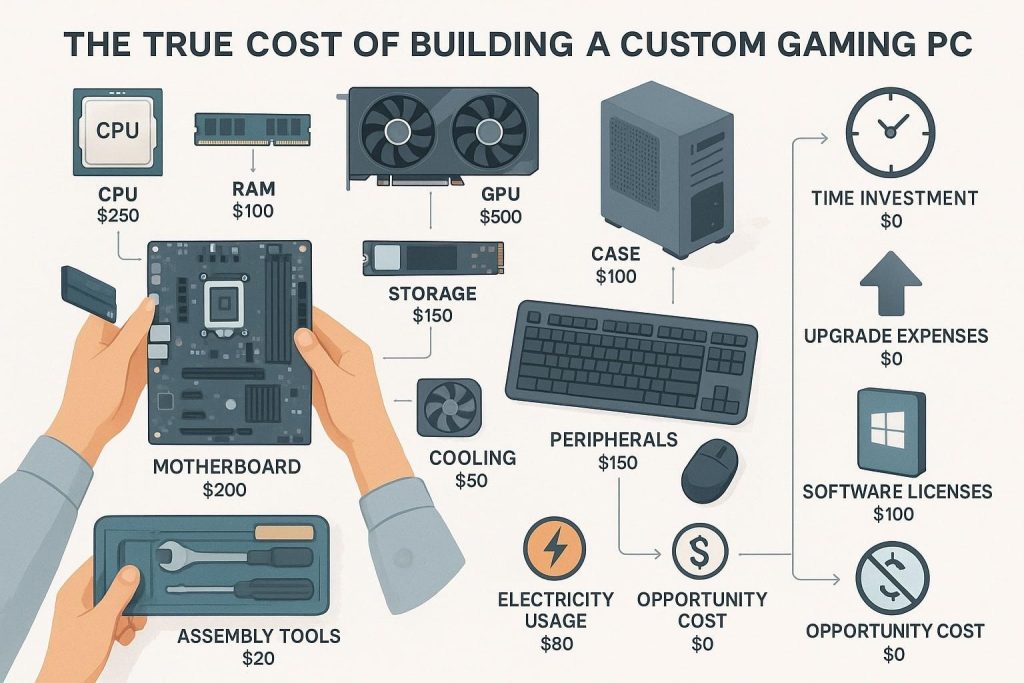 Infographic comparing prebuilt gaming PC costs with custom PC part allocation and markup distribution.