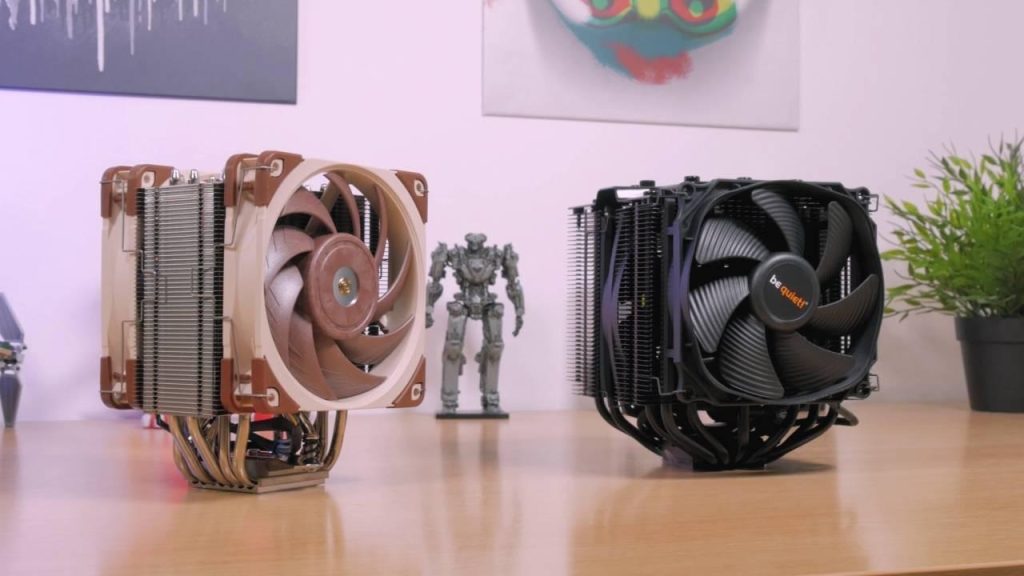 Comparison of quiet PC components including a Noctua CPU cooler, be quiet fans, and silent GPU models for low-noise gaming builds.