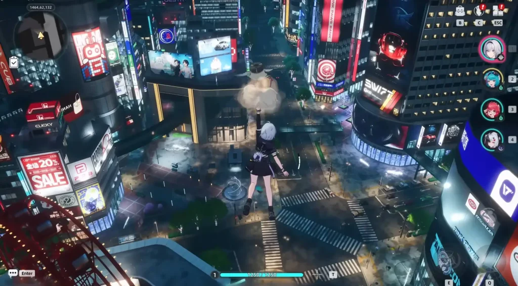 Character gliding above a neon-lit city at night in Neverness to Everness