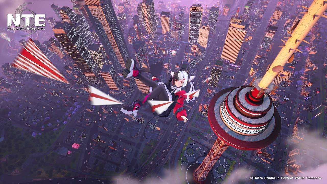 Character falling above a detailed futuristic city skyline in Neverness to Everness