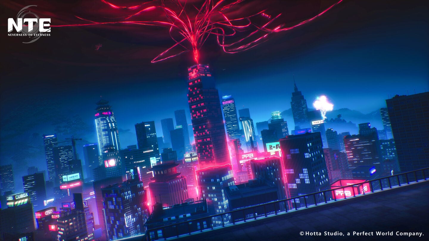 A highly detailed futuristic city filled with skyscrapers, traffic, and bright lighting effects.