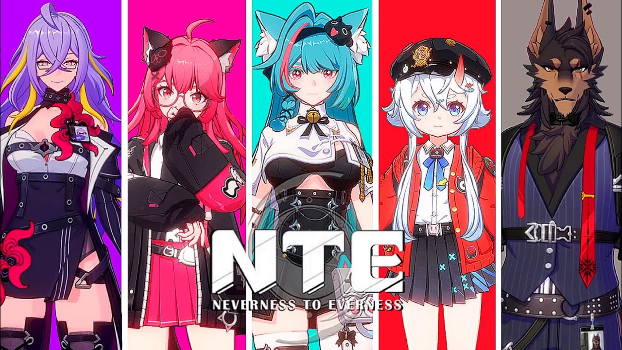 Group of anime-style characters from Neverness to Everness standing together in a futuristic room.