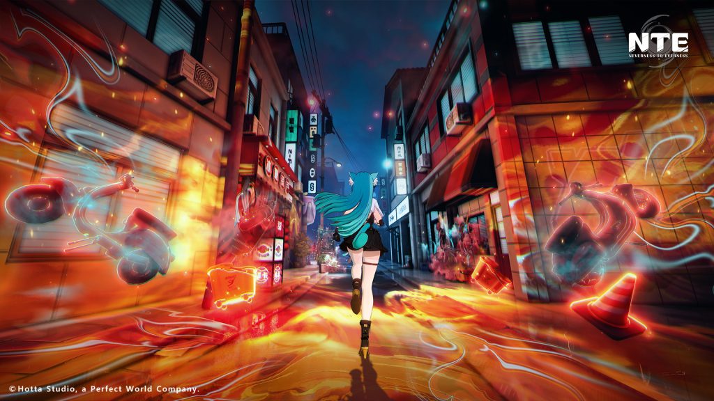 Character running through a neon-lit city street in Neverness to Everness with high-end graphics