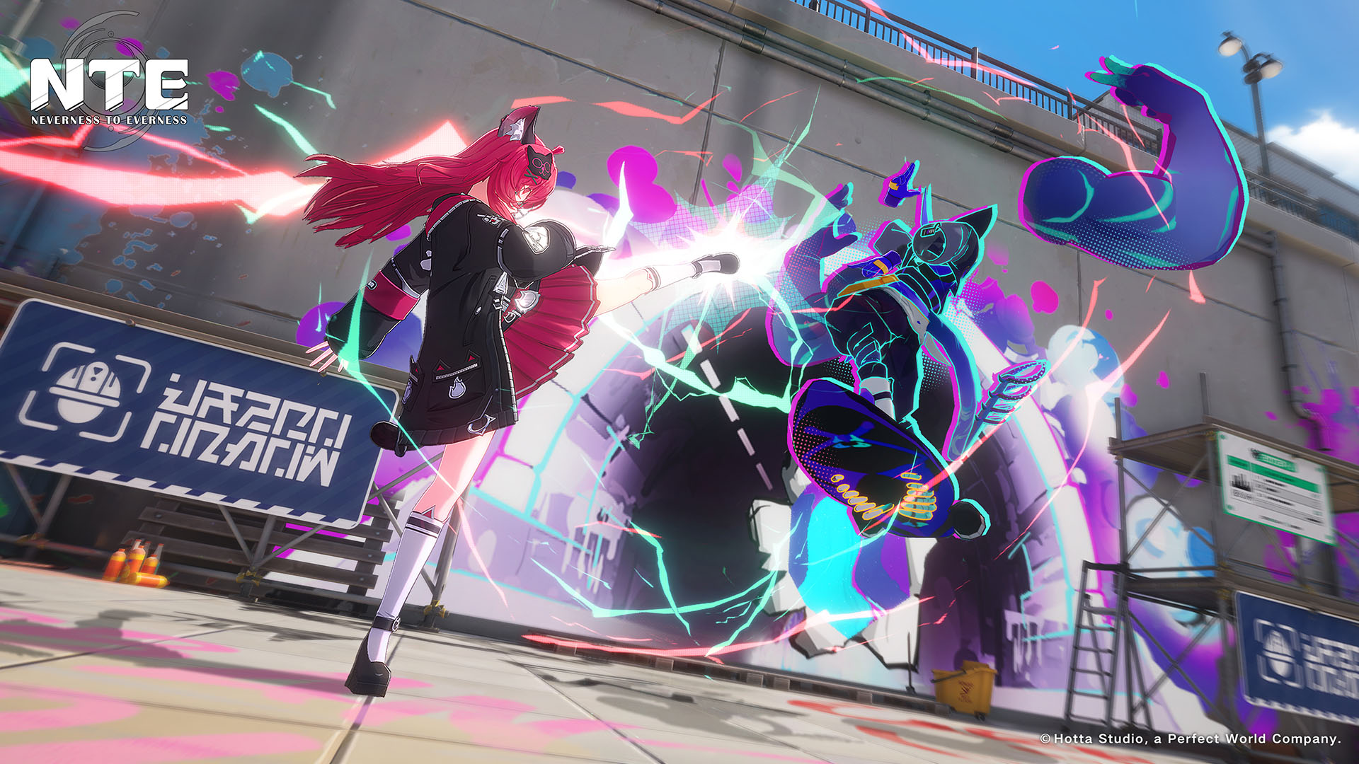 Character battling a glowing supernatural creature in a neon-lit city street in Neverness to Everness