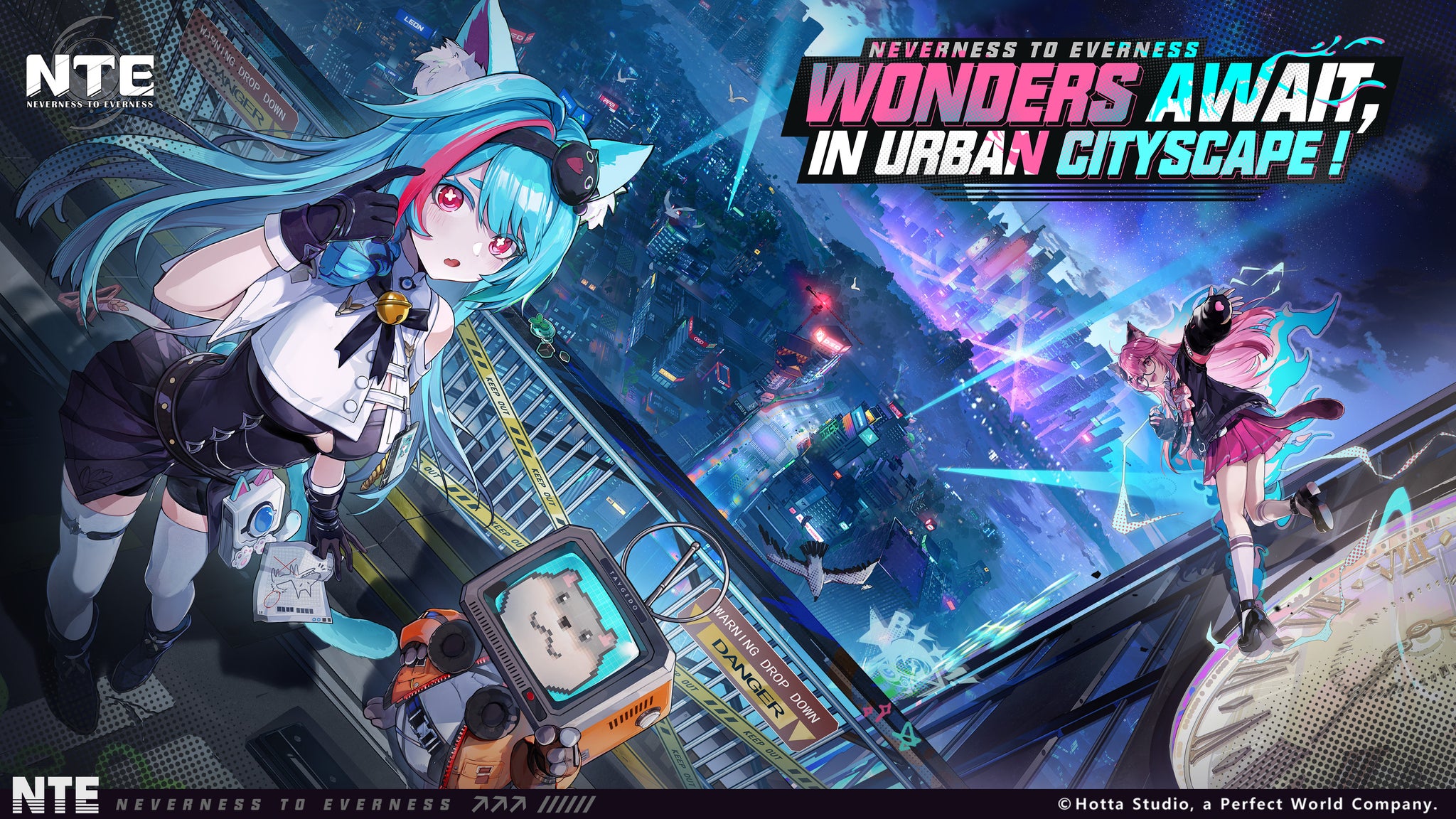 Anime-style characters exploring a futuristic urban city with supernatural elements in Neverness to Everness.