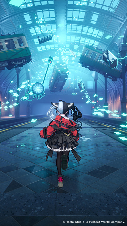 Character running in a neon-lit futuristic city environment during combat gameplay.
