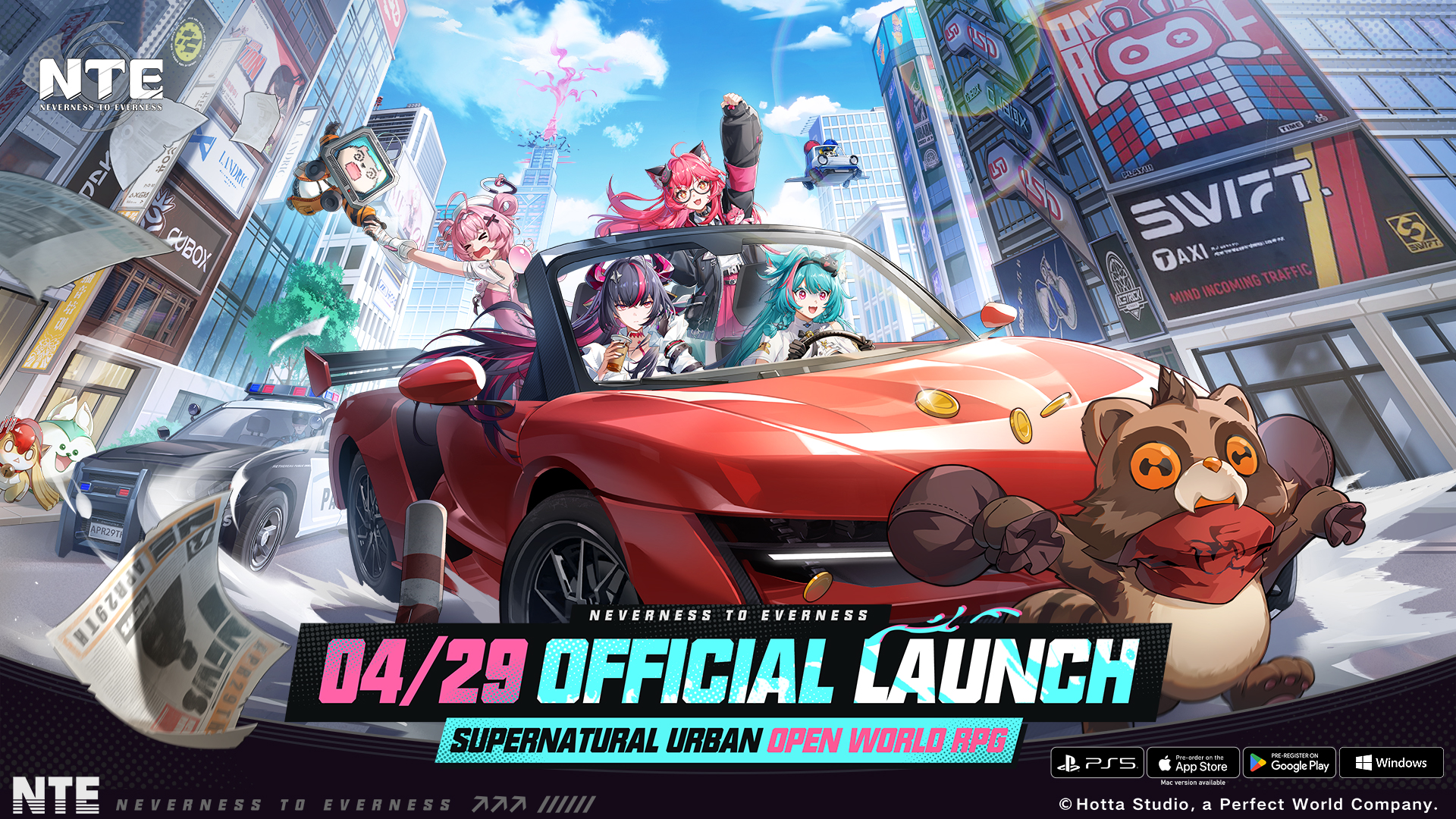 Anime-style characters gathered in a modern cityscape from Neverness to Everness