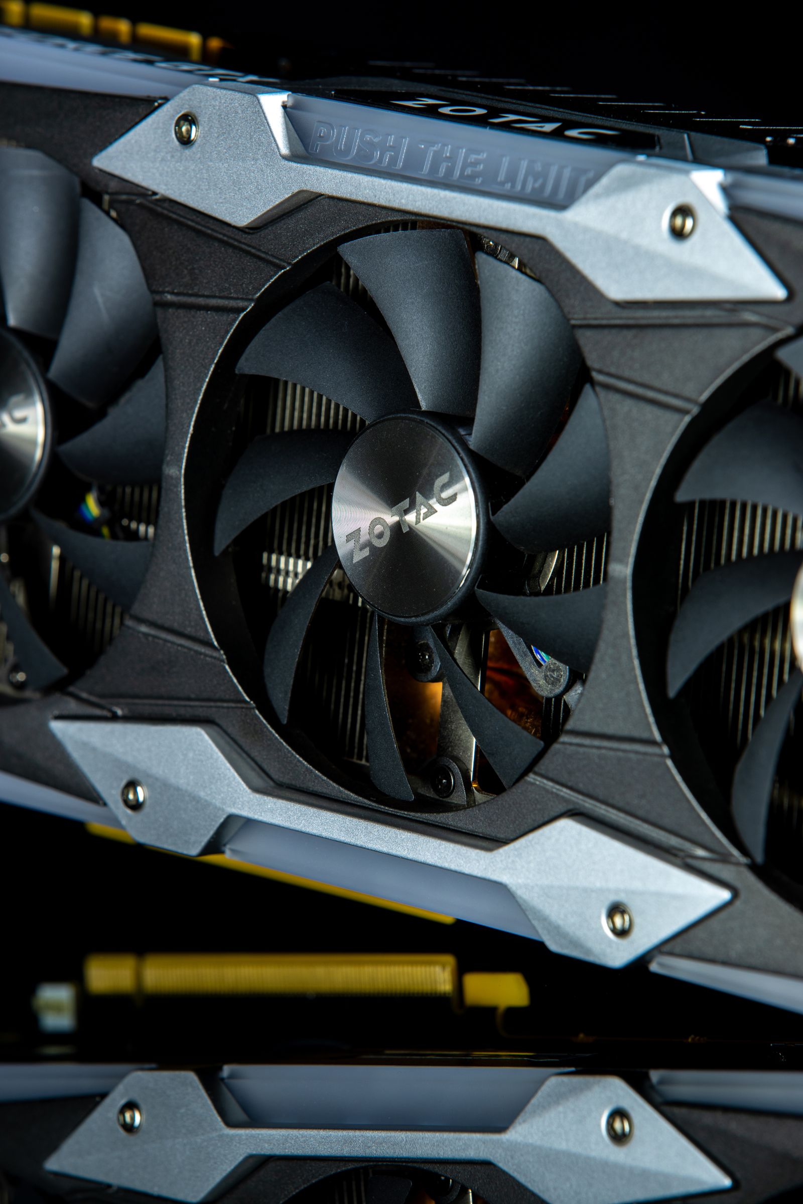 Close-up of a ZOTAC graphics card cooling fan