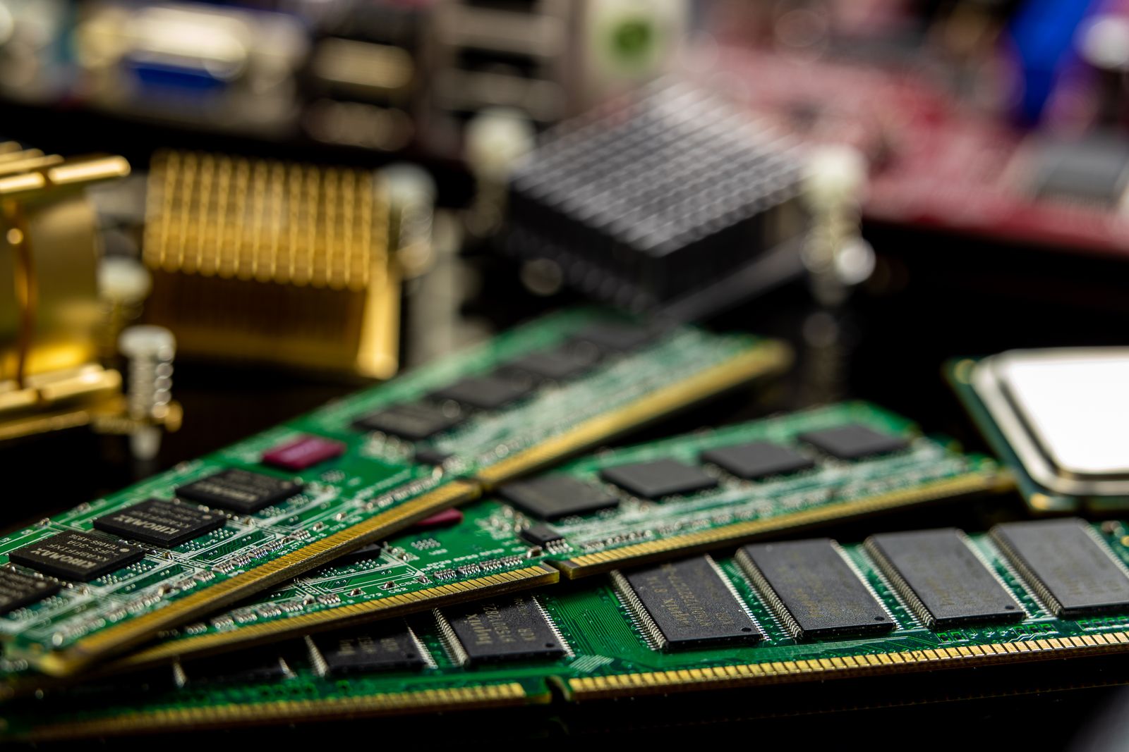 RAM sticks and microprocessors on a motherboard