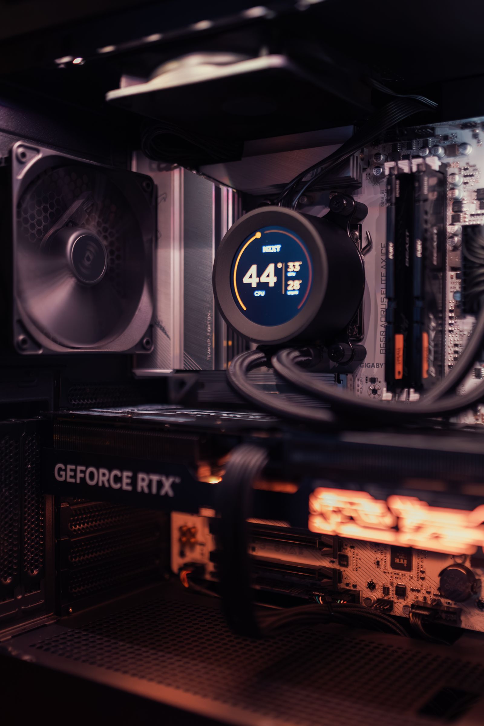 High-performance gaming PC interior with GPU
